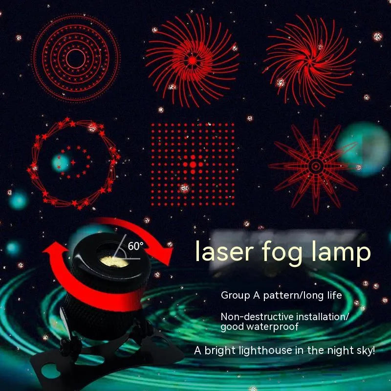 Red laser fog lamp for car or motorcycle with aluminium housing, shown with screws and mounting tape.