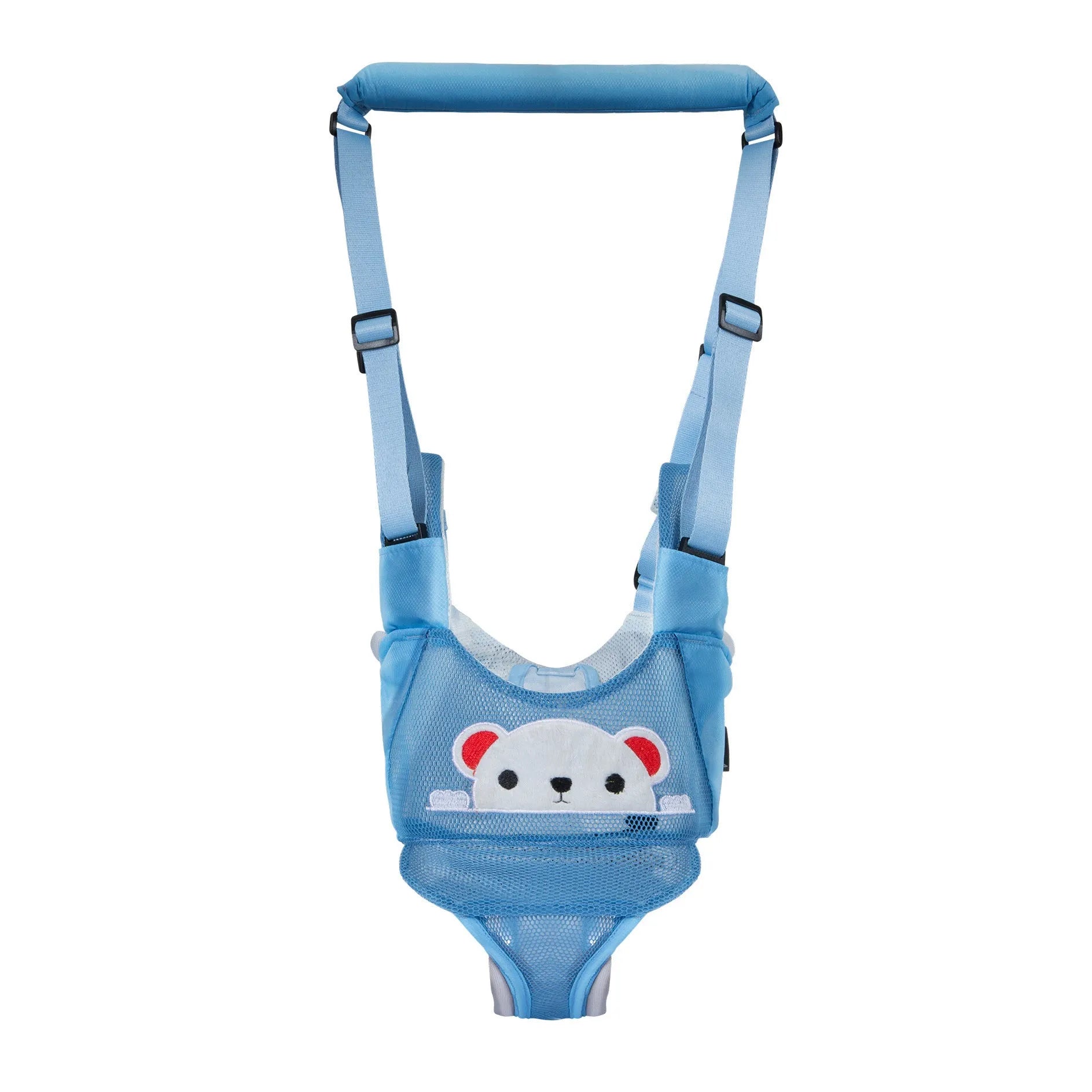 Blue cotton baby walking harness belt with straps, shown being used to support a toddler learning to walk.