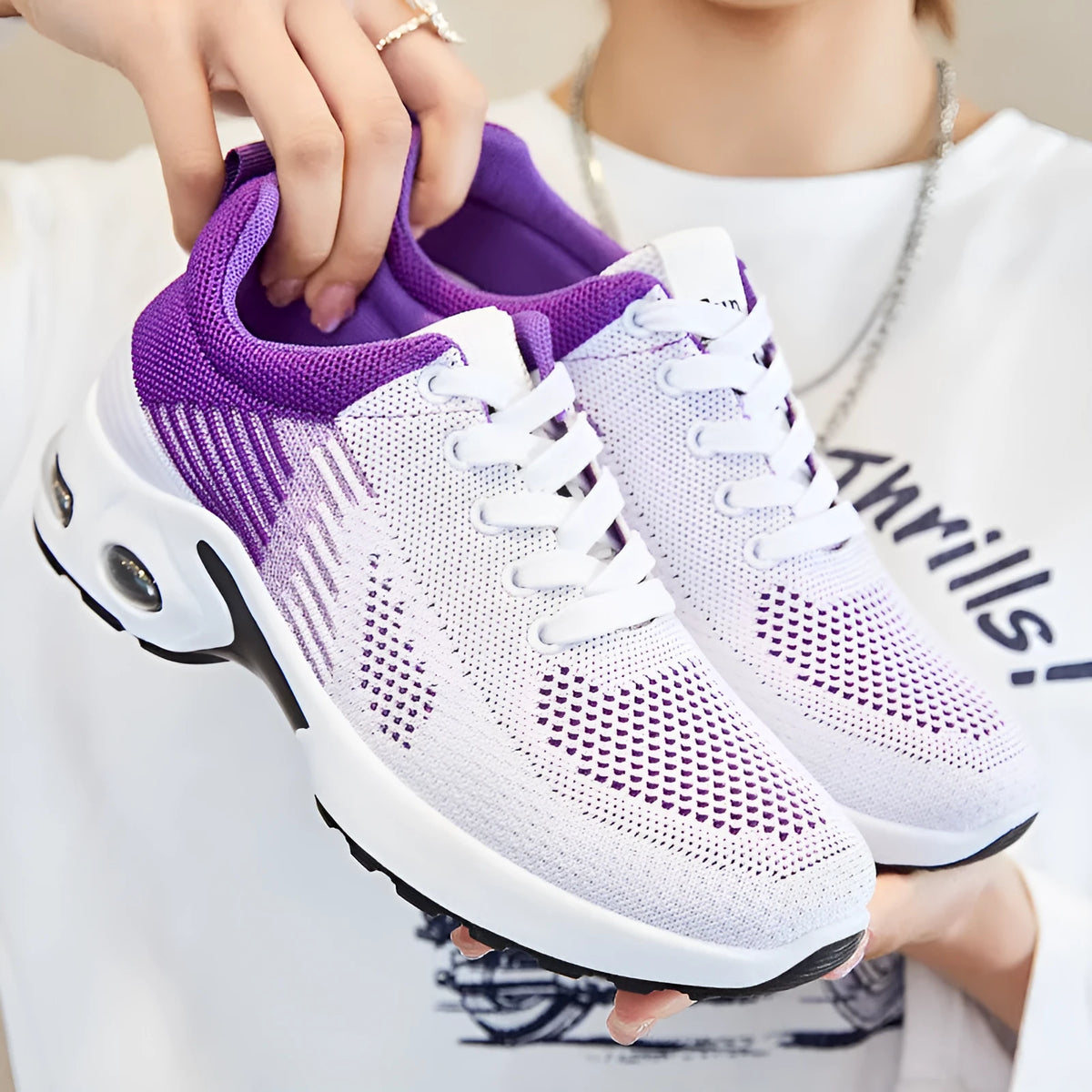 Women's Flyknit running shoes with striped pattern, breathable mesh lining, and PVC soles in multiple colour options