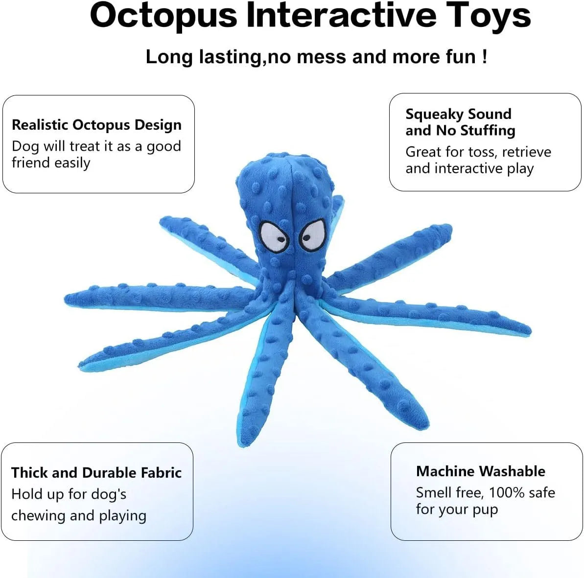Blue octopus plush dog squeaky toy with no stuffing on a white background.