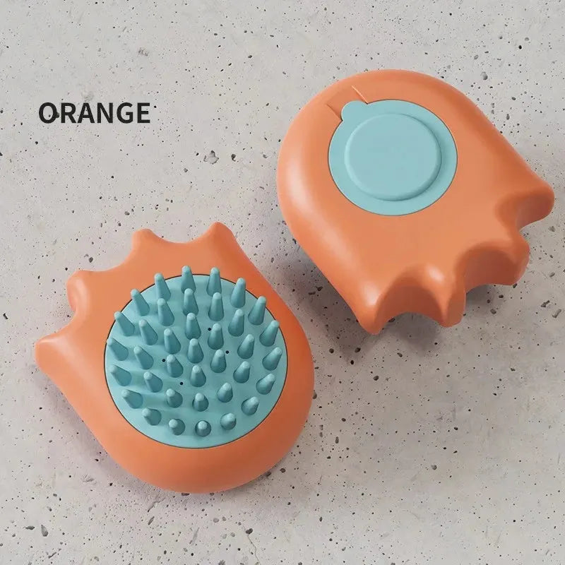 Blue pet bath brush and massage comb with a built-in shampoo box for washing dogs and cats.
