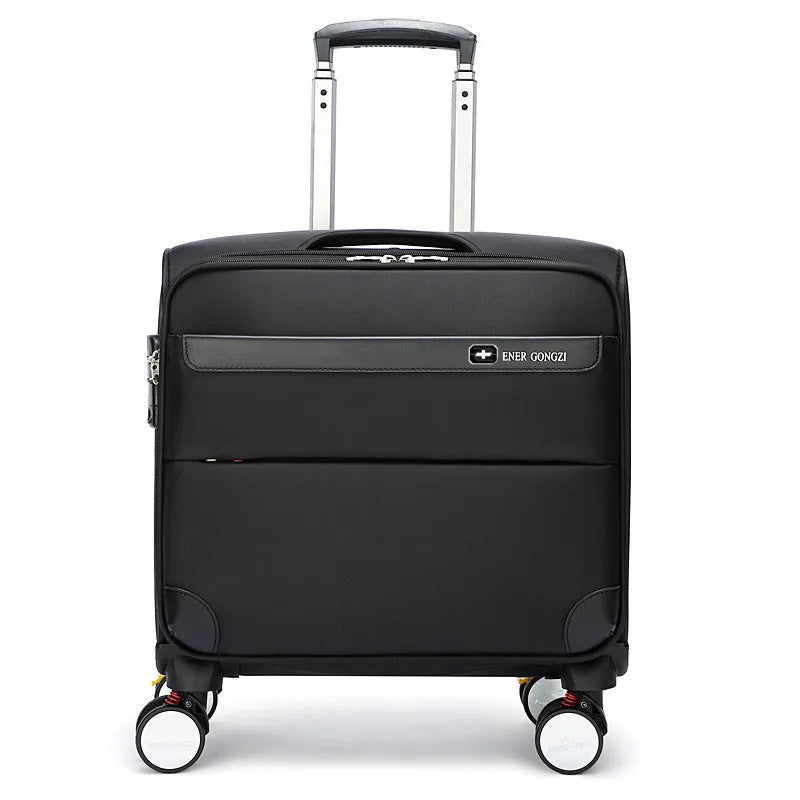 Black 18-inch Oxford cloth cabin suitcase with telescopic handle and universal wheels.