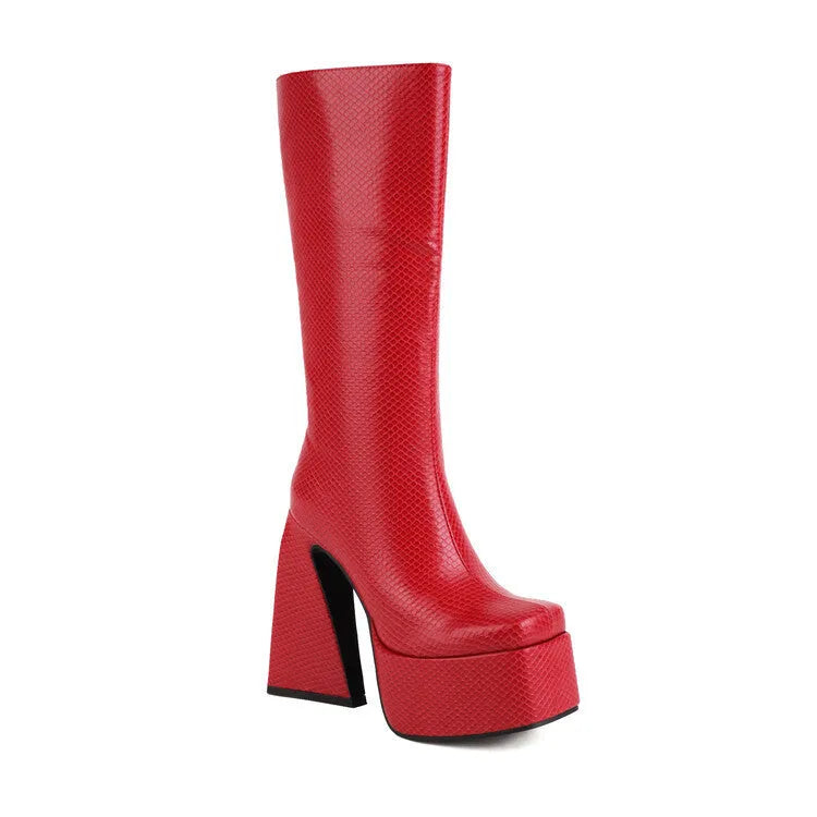 Women's black high boots with artificial PU leather upper showing side view