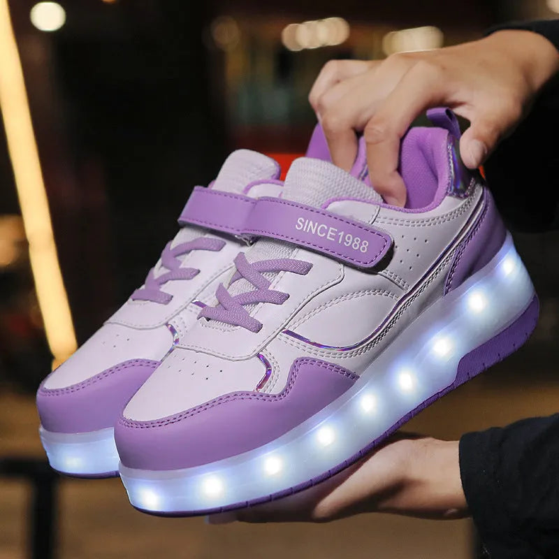 Charging flash rollerskates with LED lights in pink, white, black or purple with two or four wheels