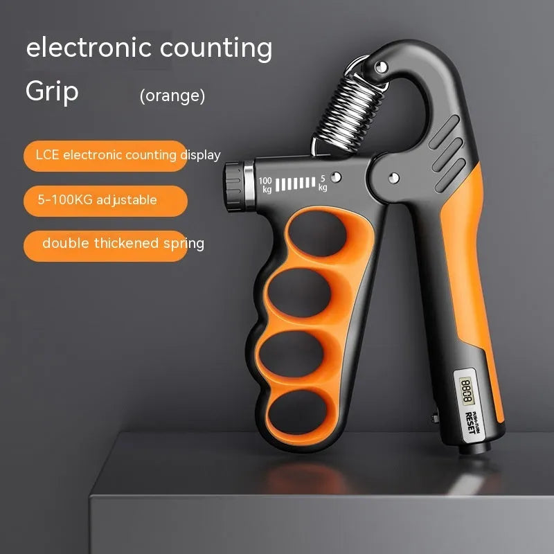 Adjustable electronic counter spring grip hand strengthener in grey, orange, or red.