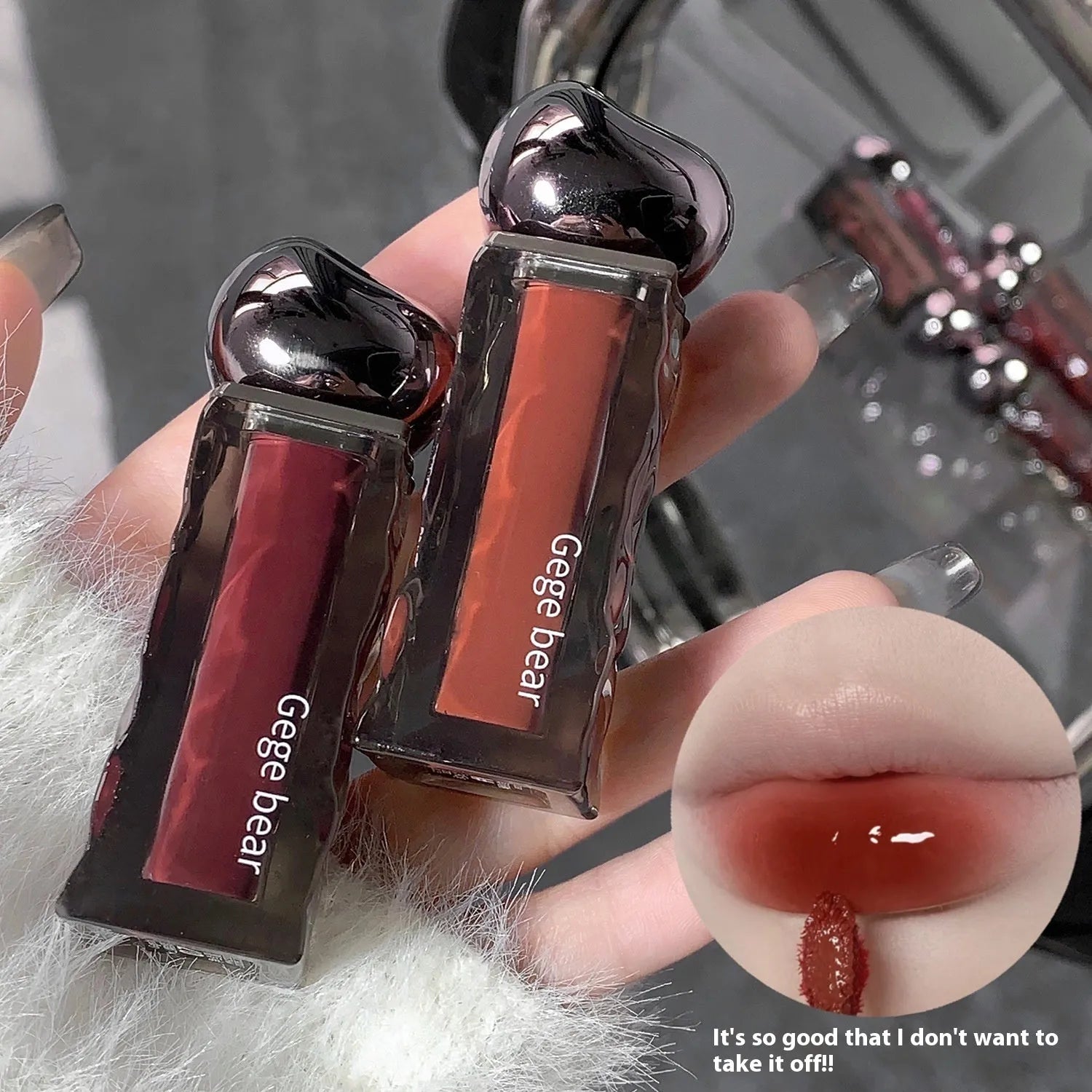 Glacier Lava Lip Lacquer tube in water light mirror finish with seven colour number options displayed.