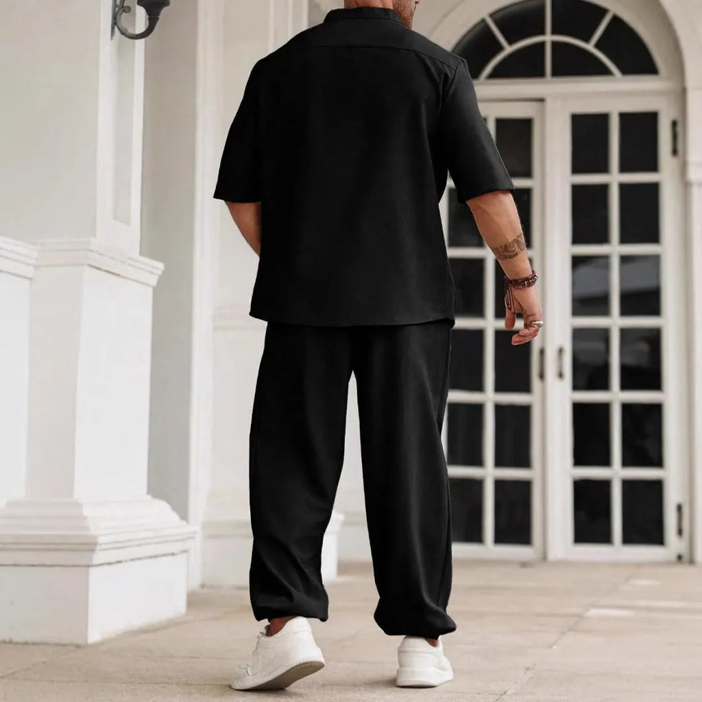 Men's casual cotton linen trousers set with button short-sleeve shirt in black, gray, and apricot colours