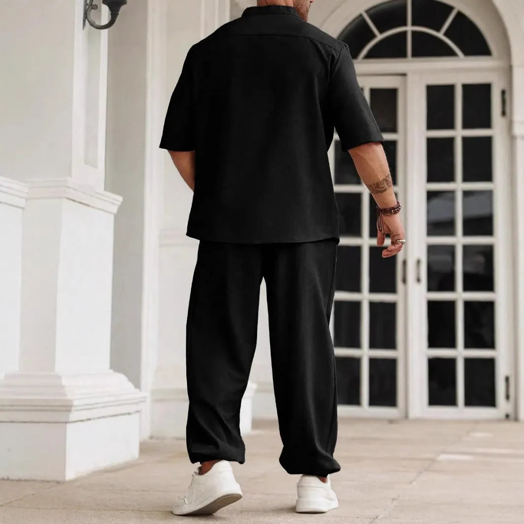 Men's casual cotton linen trousers set with button short-sleeve shirt in black, gray, and apricot colours