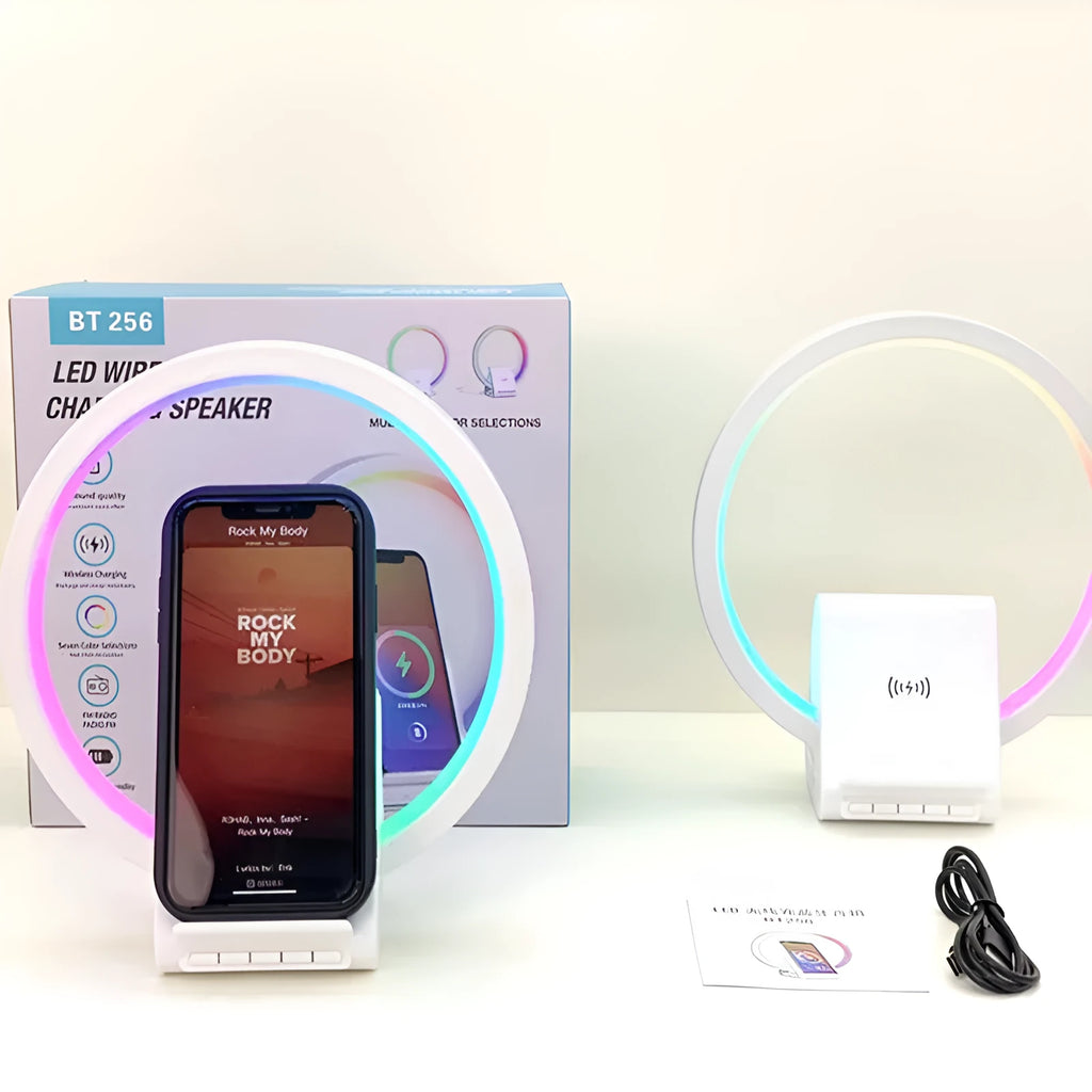 White Bluetooth speaker with ambient lighting and wireless charging pad measuring 225x200x10mm