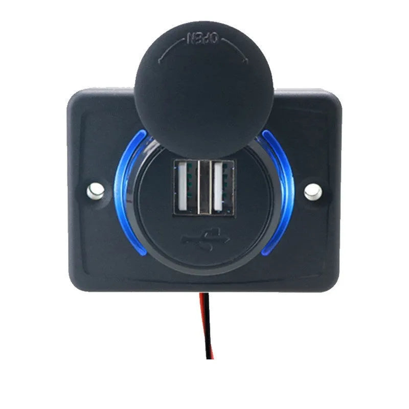 Black 12V dual USB car charger for recreational vehicle dashboard installation