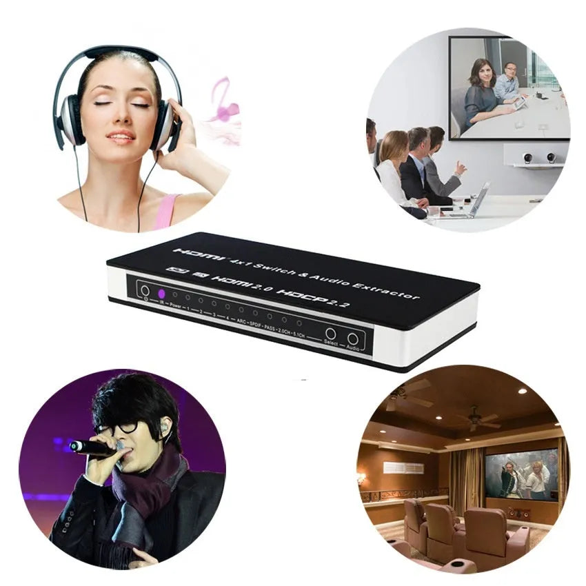 Black HDMI audio switch with remote control, 4 input ports and 1 output port for 4K video switching.