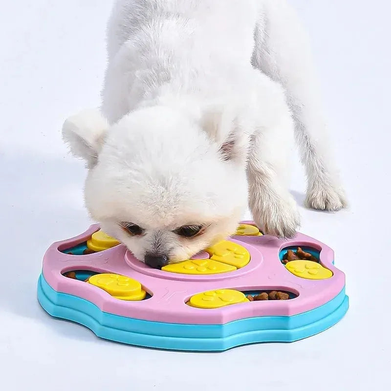 Blue and pink interactive dog puzzle feeder toy for slow eating and mental games