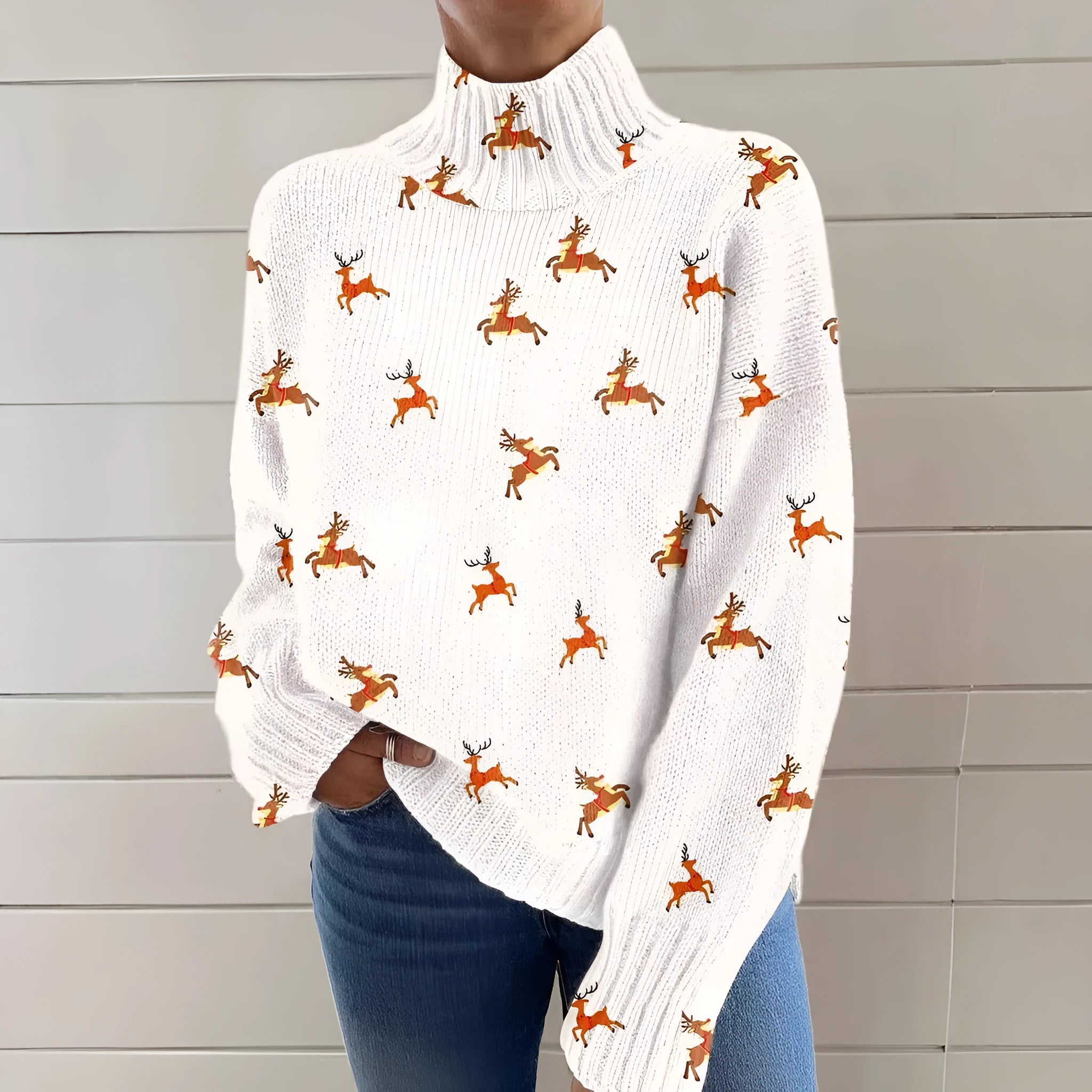 Women's loose-fit Christmas printed turtleneck sweater in macaron colours.