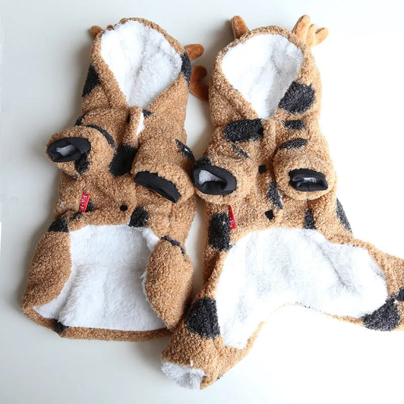 Polka dot pattern pet clothing with elk couple motif in four-legs or skirt style options