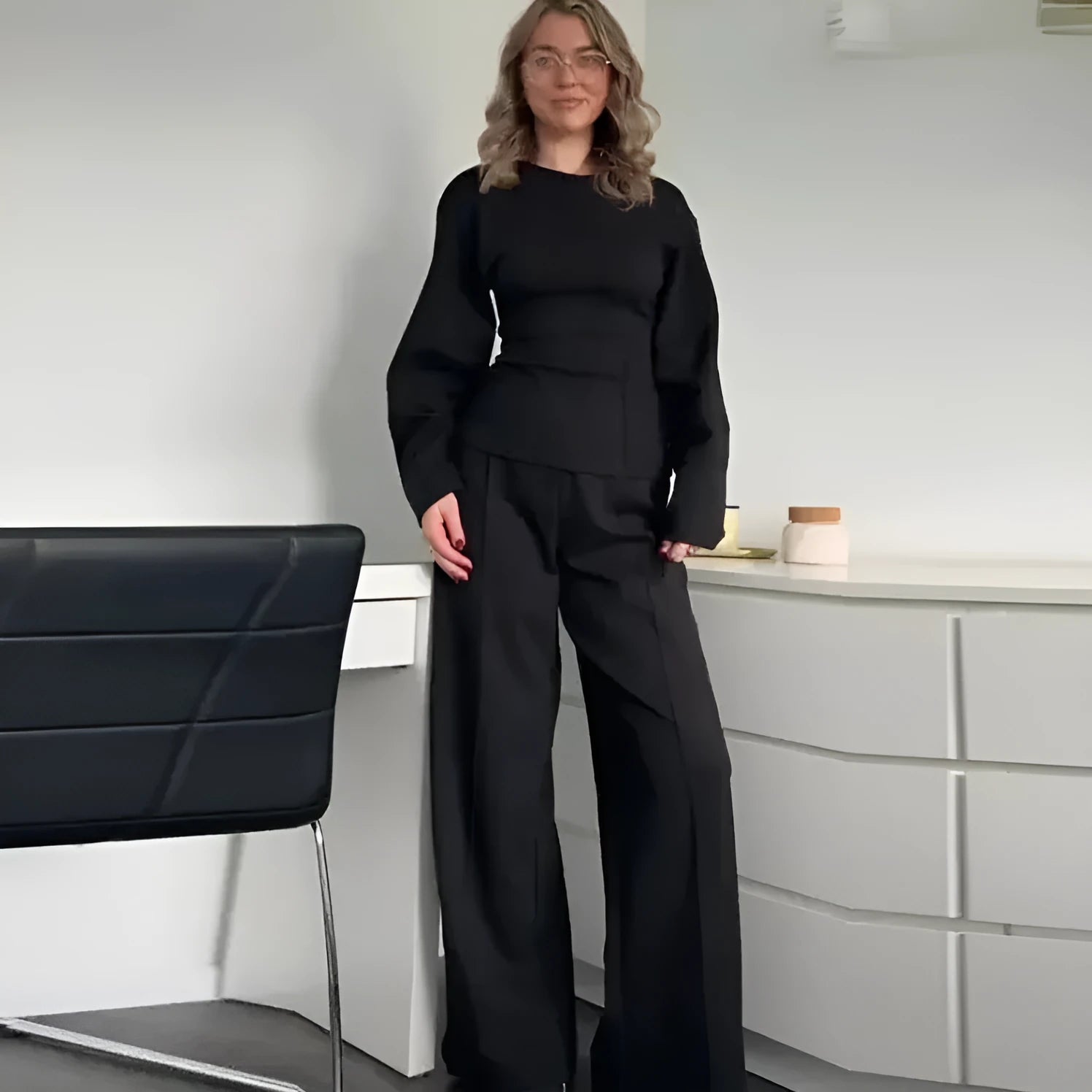 Women's polyester polar fleece suit set with pleated top and wide leg trousers in multiple colour options