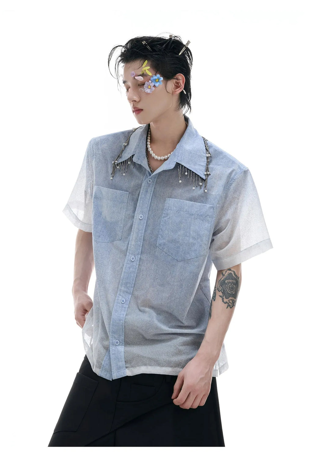 Men's blue and white gradient loose fit short sleeve shirt with quilted design