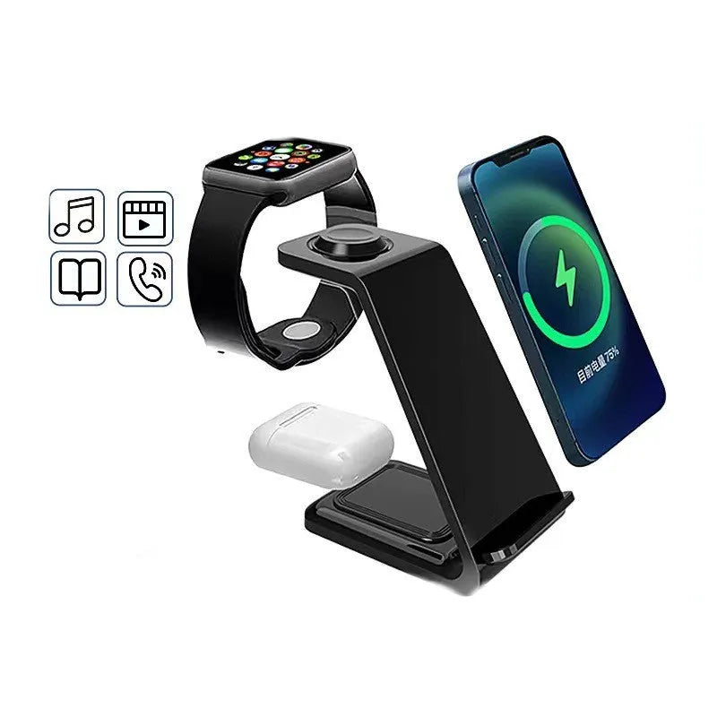 White 3-in-1 upright wireless phone charger stand with Type-C cable on desk