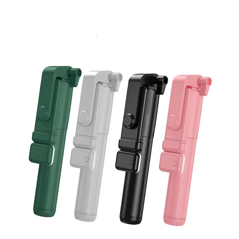 Black Bluetooth selfie stick with tripod base and phone holder, shown extended, for use with Apple iPhones.