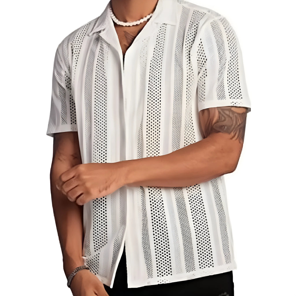 Men's black knitted short-sleeved button-front cardigan shirt with jacquard pattern