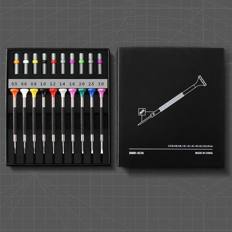Boxed set of 10 manual screwdrivers and 20 spare bits for watch and glasses repair.