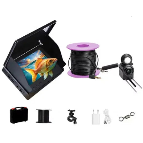 Underwater fishing finder camera system with 4.3-inch screen and submarine-style camera on a long cable.