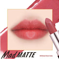 Fey Beauty Cameo Brown non-fading lipstick open and closed, showing nude shade and case.