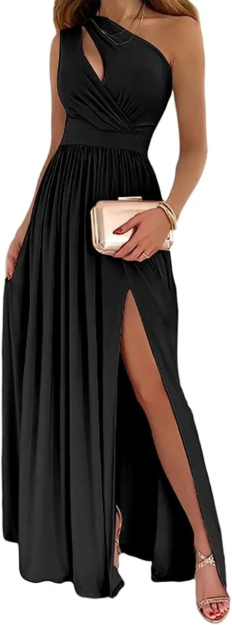 Apricot one-shoulder sleeveless maxi dress with a high split, shown on a model.