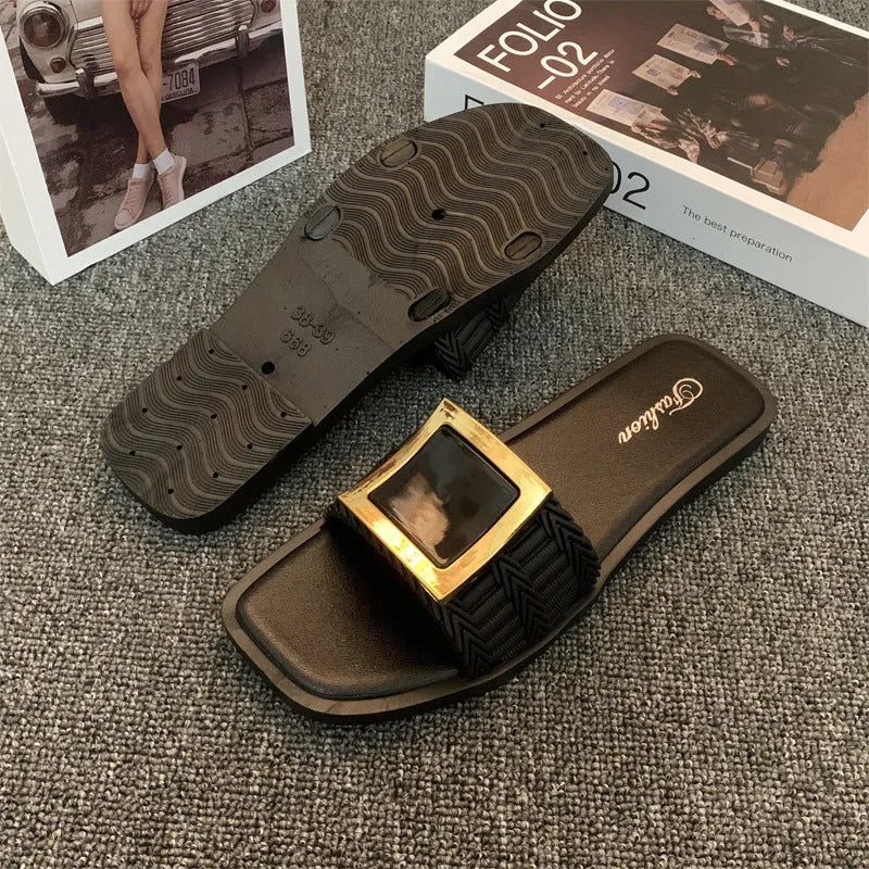 Women's casual flat slippers in apricot, black, or khaki with a waterproof PVC sole.