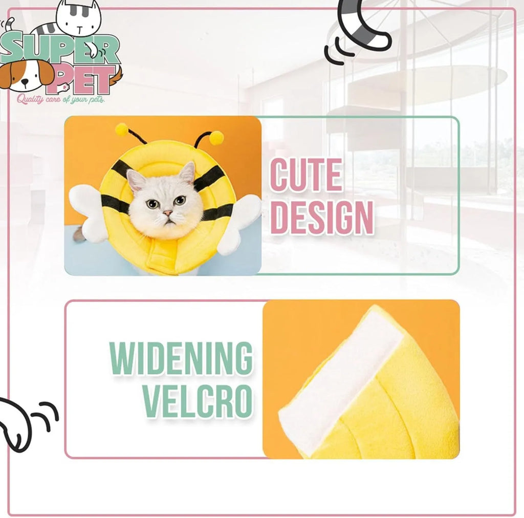Soft white cat cone collar with black bee design and yellow wings, showing Velcro strap for adjustment.