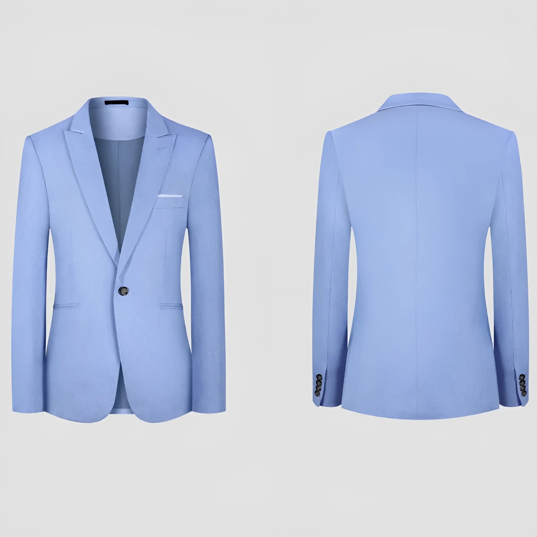 Men's light blue Western style suit jacket showing front view with Asian sizing options