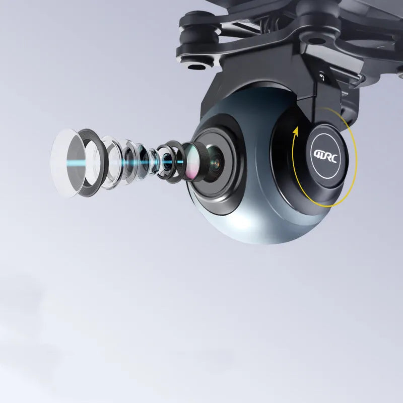 GPS remote control quadrocopter drone with camera on landing gear, next to its handle-style transmitter.
