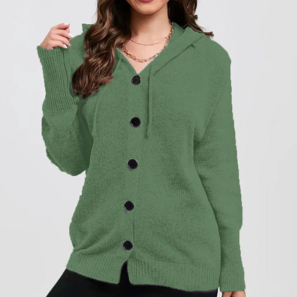 Women's solid colour hooded cardigan sweater in thick cotton fabric with loose fit