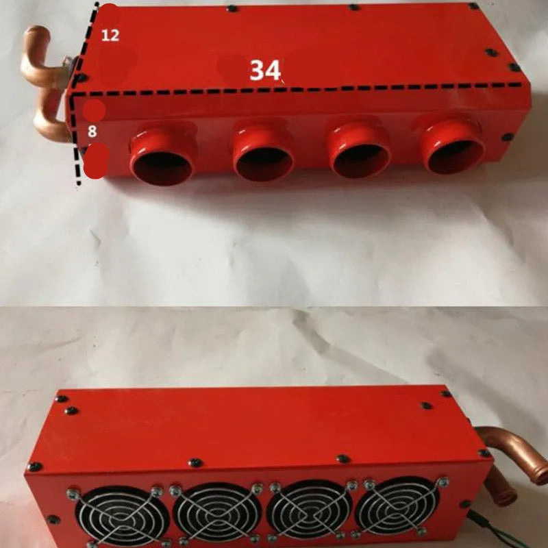 Small metal car heater core unit with copper pipes and electrical connections for 12V 24V installation.