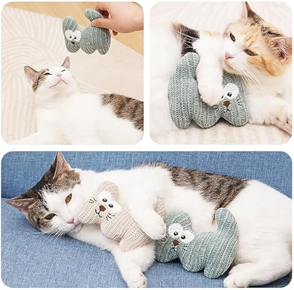 Cyan and light coffee coloured plush catnip chew toy with bell on a neutral background