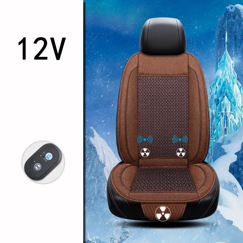 Black car ventilation seat cushion with massage function showing 60x60cm dimensions on car seat