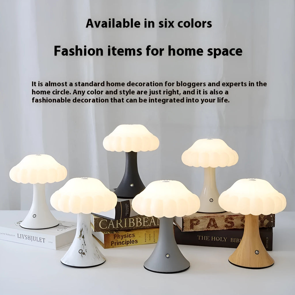 Mushroom-shaped touch control night lamp with USB charging in wood grain finish