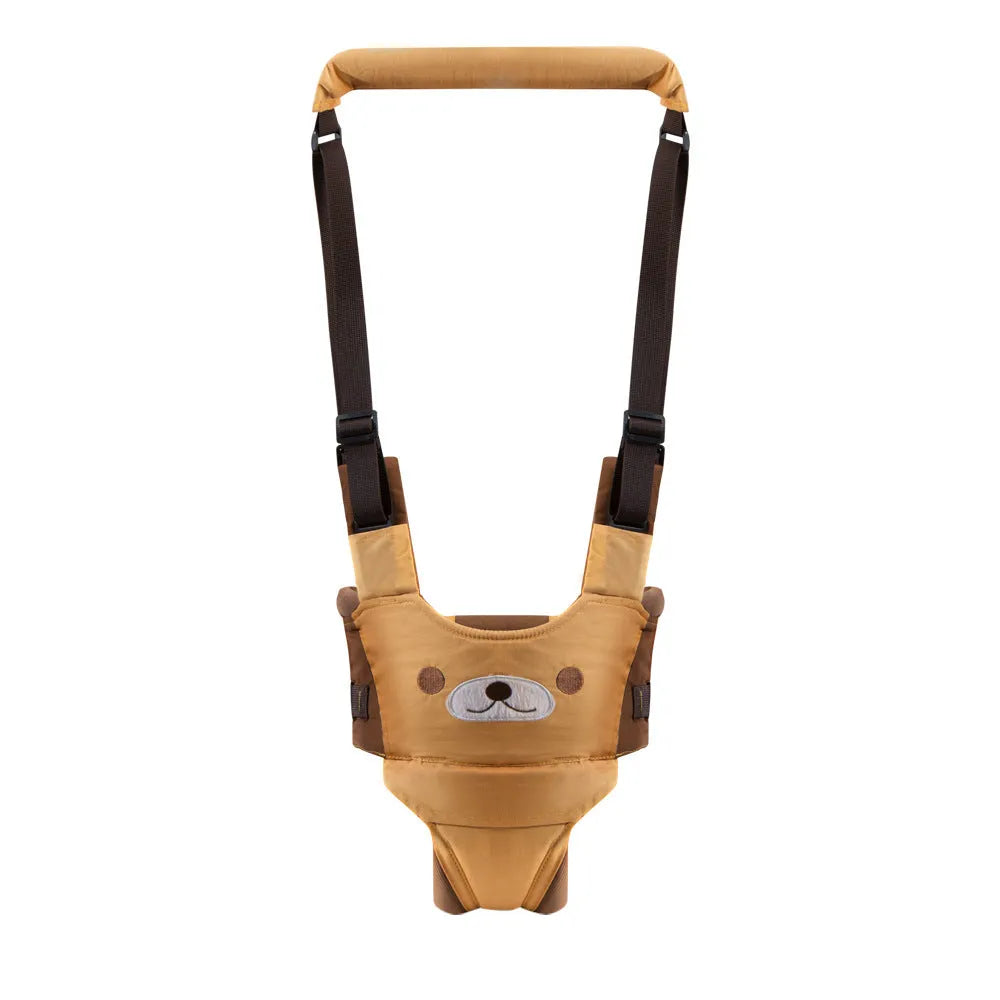 Blue cotton baby walking harness belt with straps, shown being used to support a toddler learning to walk.