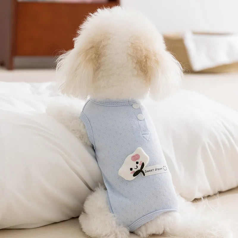 Breathable mesh pet shirt for small dogs and cats in blue or yellow with cat patch and button closure.