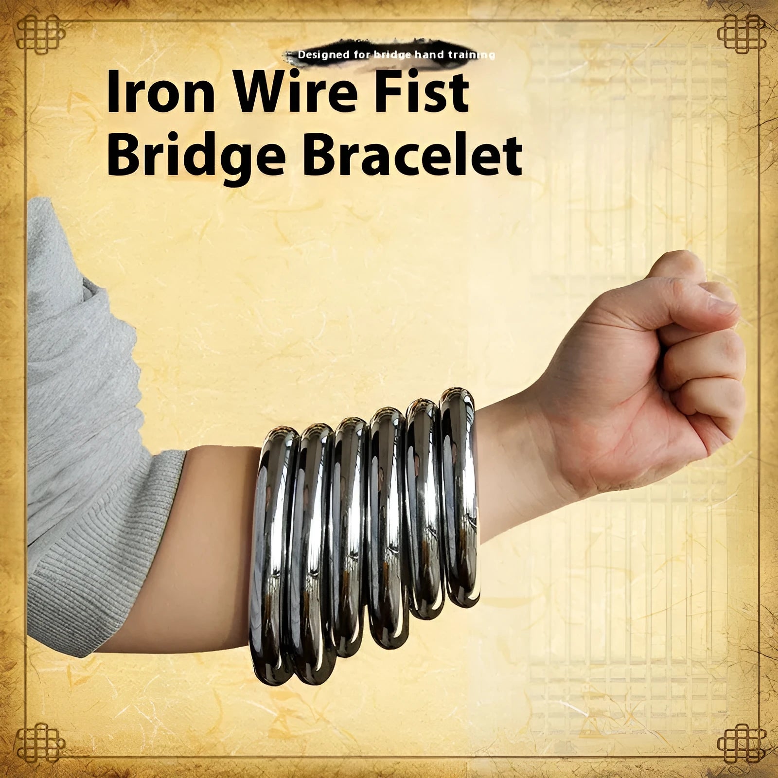 Iron Arm Skill Wing Chun carbon steel power training ring in three sizes on a plain background.
