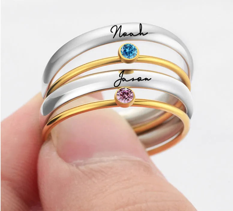 December birthstone titanium steel ring with geometric engraving, shown in gold and stone colours.