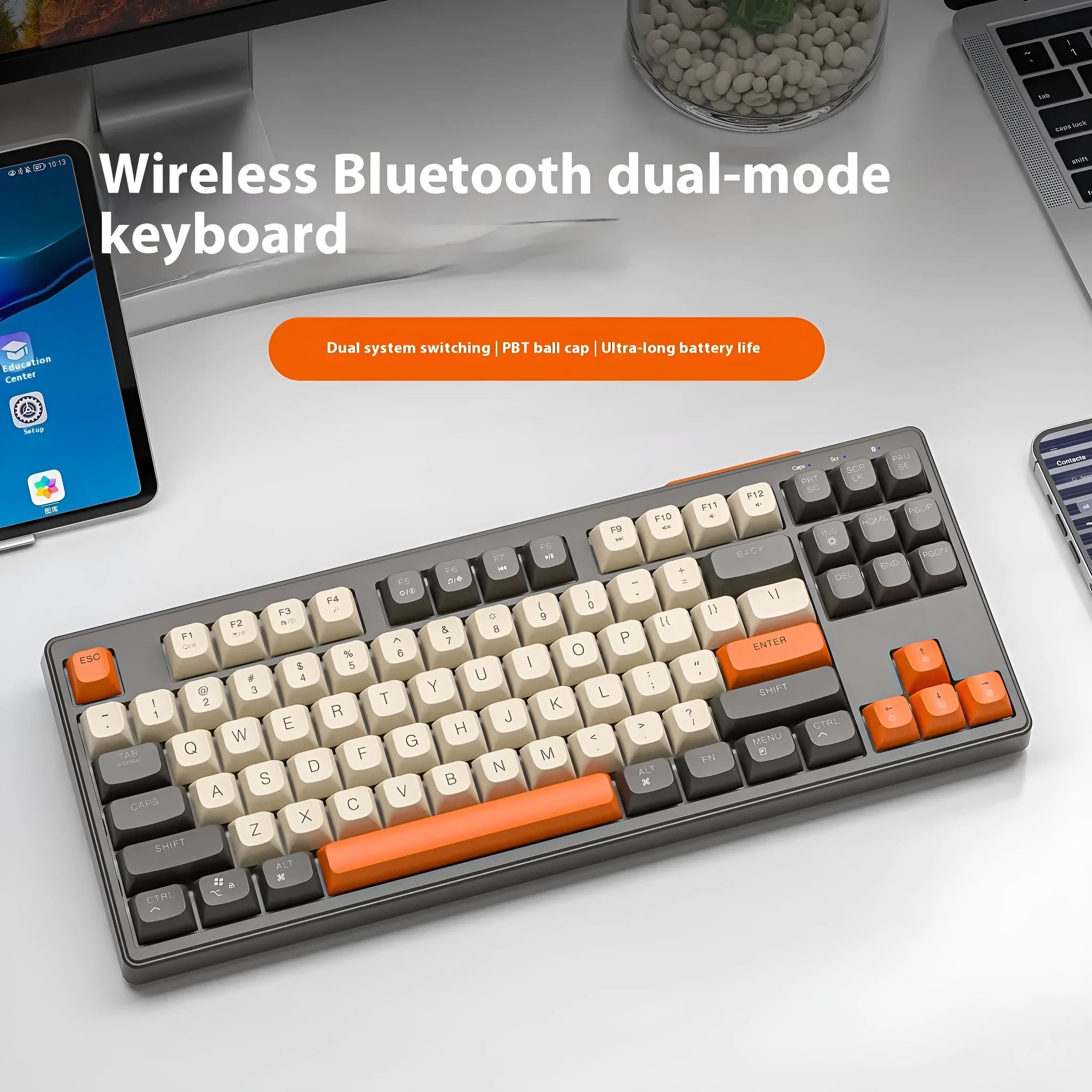 Wireless Bluetooth dual mode mechanical feeling keyboard with compact design and USB receiver