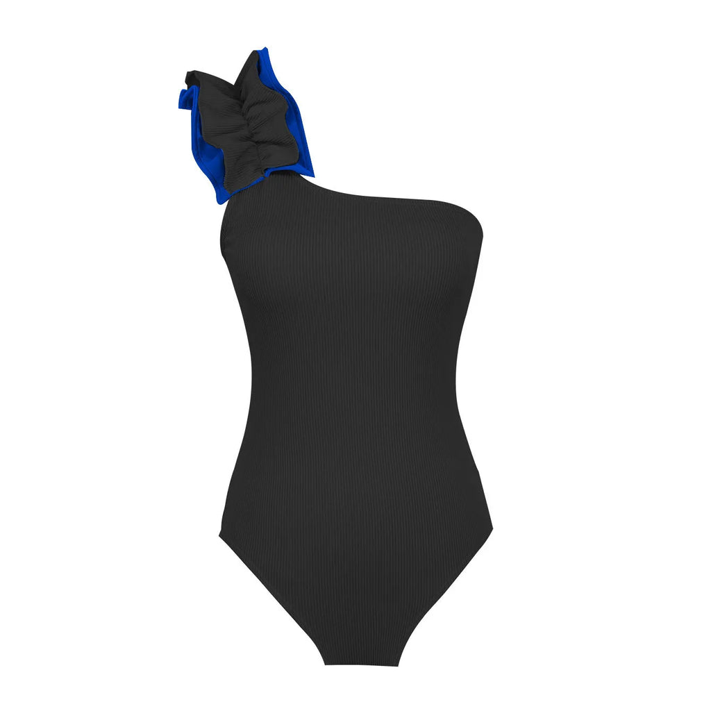 Women's single-shoulder high waist one-piece swimsuit in solid colour on a mannequin.