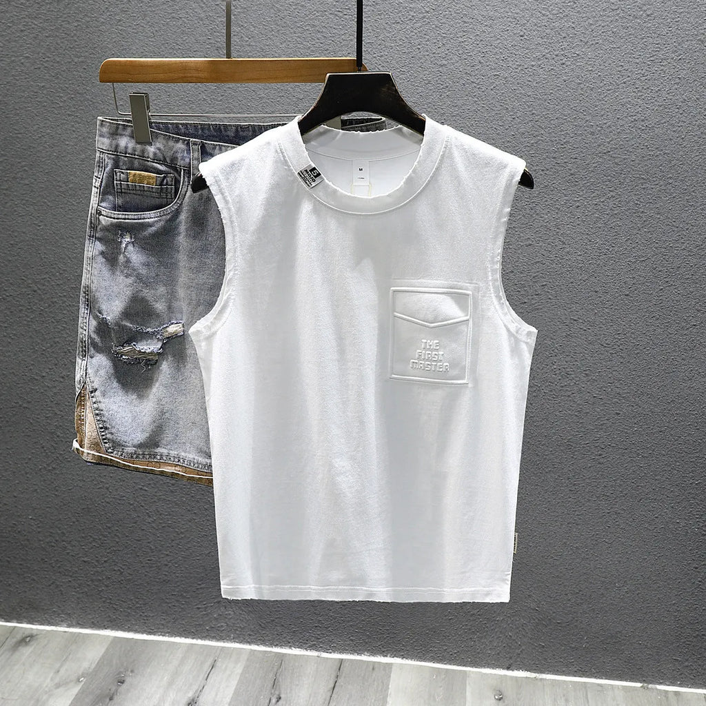 Men's solid colour loose fit cotton sleeveless t-shirt on a hanger