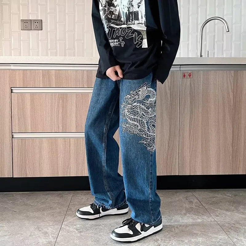 Loose embroidered jeans for men in Golden Dragon colour, polyester cowboy fabric, three-dimensional tailoring, no elasticity, size options S to 3XL