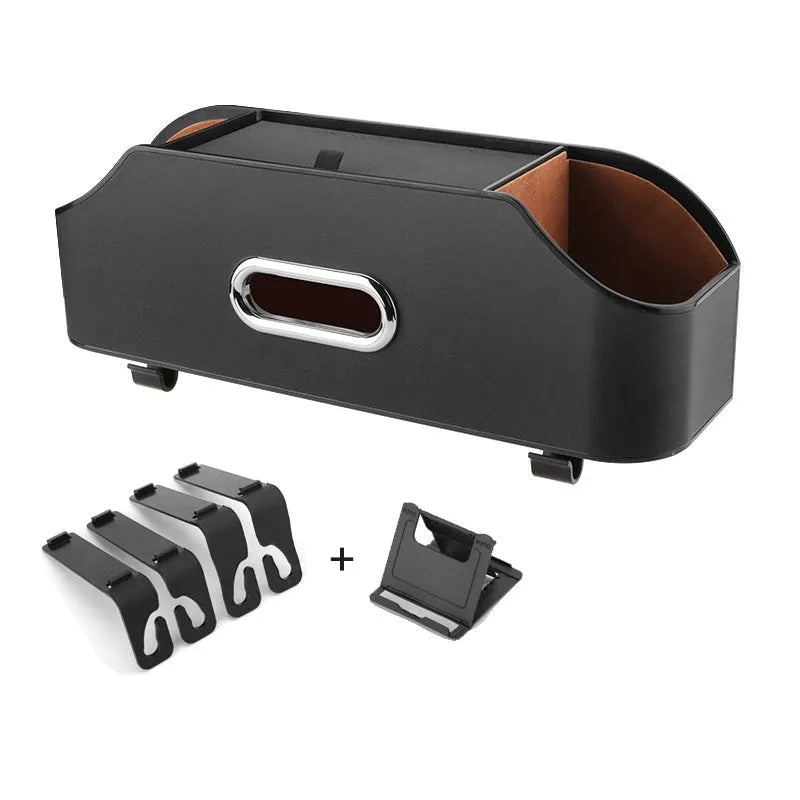 Genuine leather car tissue box organiser with integrated cup holder and buggy bag