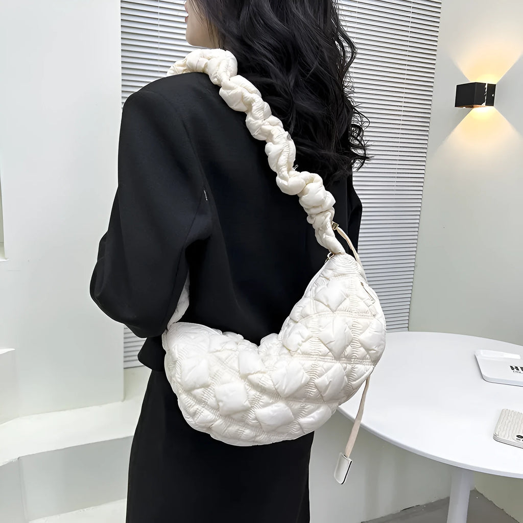 Women's casual nylon underarm shoulder bag in beige with adjustable strap, showing 35cm width
