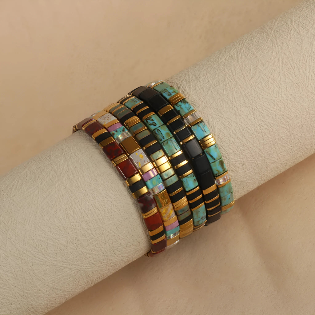 Geometric glass beaded bracelet in milky white, black, green, blue, or red with round elements