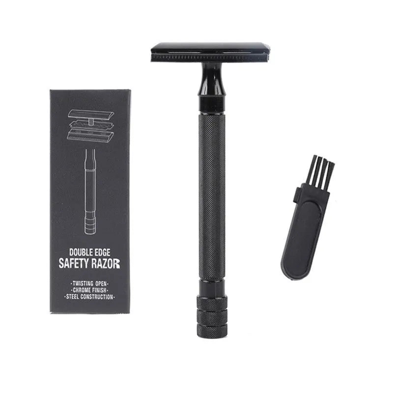 Manual shaving razor set with metal scraper and brush in black or silver finish for traditional wet shaving