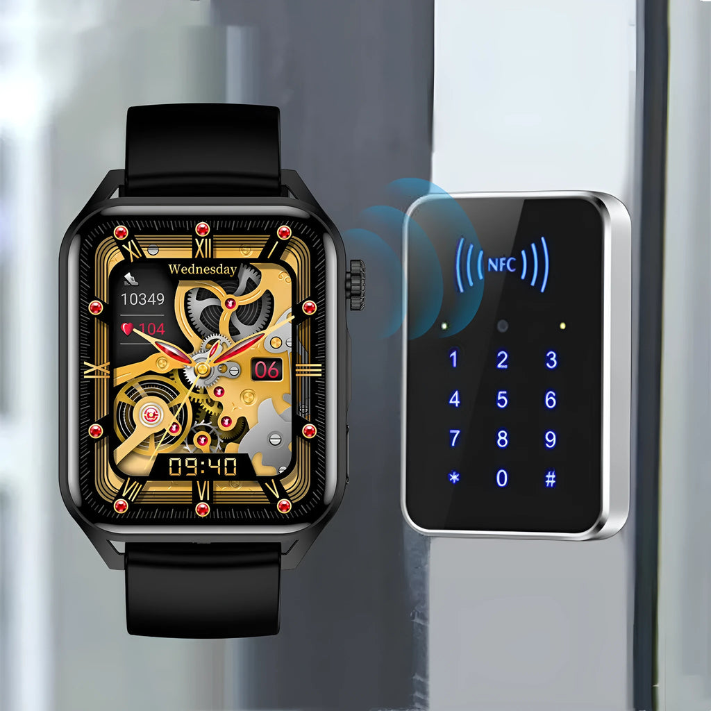 Black HD NFC smart watch with a silicone strap on a wrist, showing a multi-dial screen display.