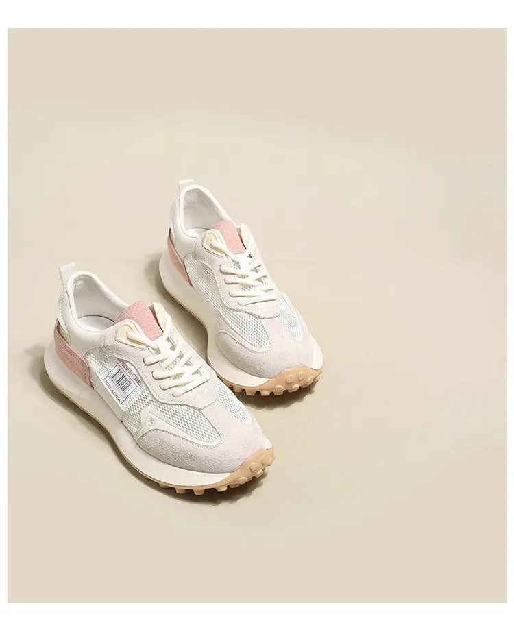 Women's grey and pink retro sneakers with low-top flat heel design and mesh lining